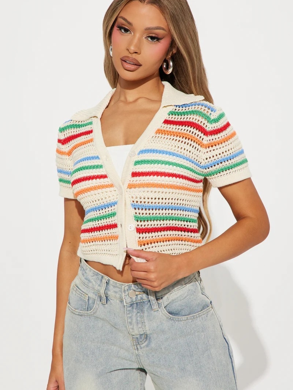 Fashion Nova Cream Crochet Crop Top with Rainbow Stripes